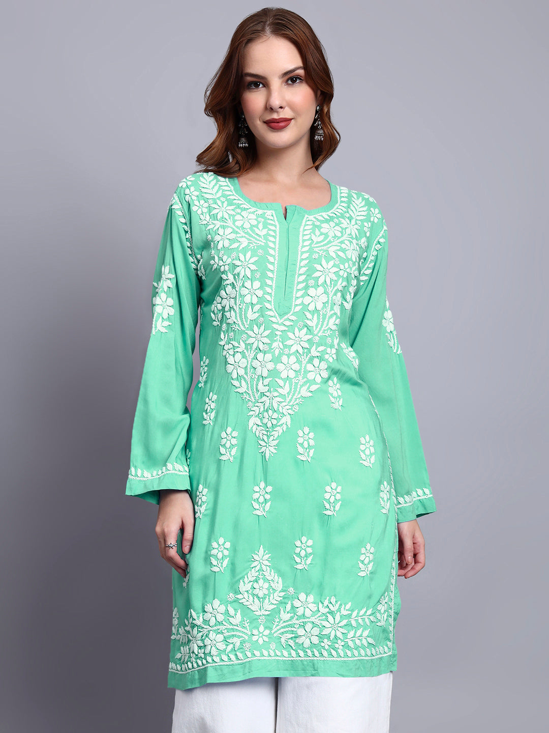 Women Hand Embroidered Chikankari Modal Kurti -AL3702 Lightgreen