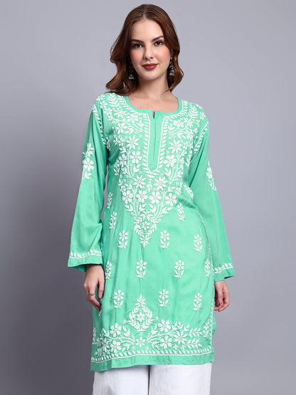 Women Hand Embroidered Chikankari Modal Kurti -AL3702 Lightgreen