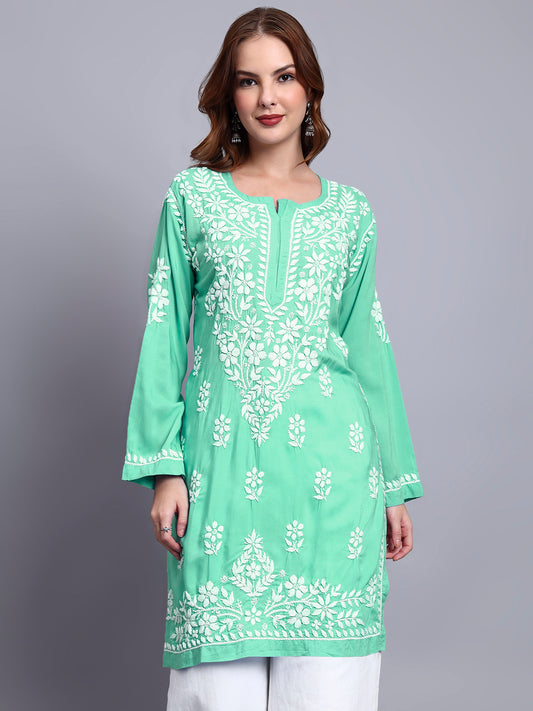 Women Hand Embroidered Chikankari Modal Kurti -AL3702 Lightgreen