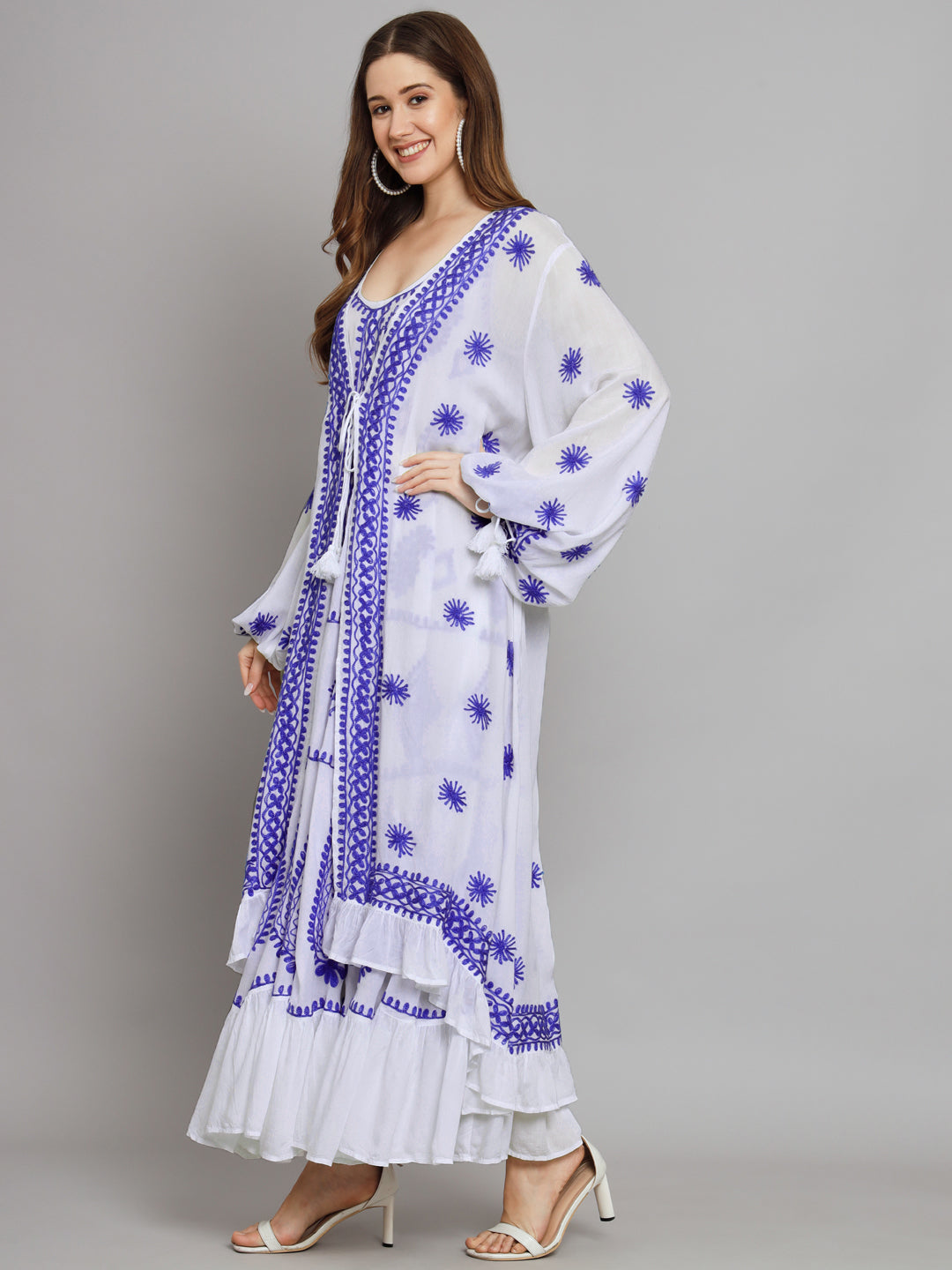 Hand Embroidered Chikankari Modal Kaftan-AL3605B White&Navy