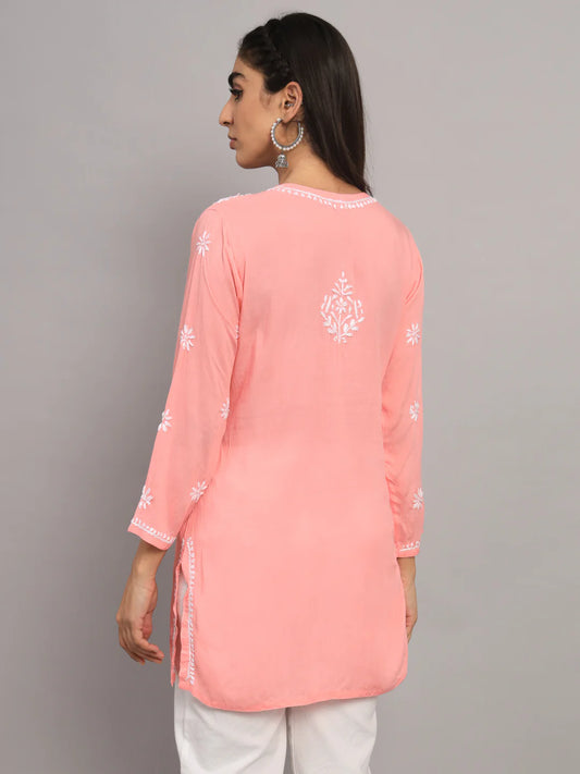 Women Hand Embroidered Chikankari Modal Kurti-AL3611 Peach