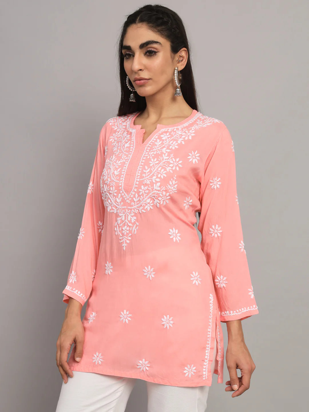 Women Hand Embroidered Chikankari Modal Kurti-AL3611 Peach