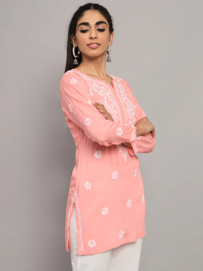 Women Hand Embroidered Chikankari Modal Kurti-AL3611 Peach