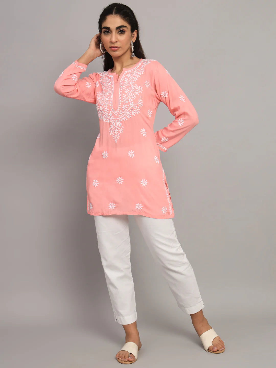 Women Hand Embroidered Chikankari Modal Kurti-AL3611 Peach