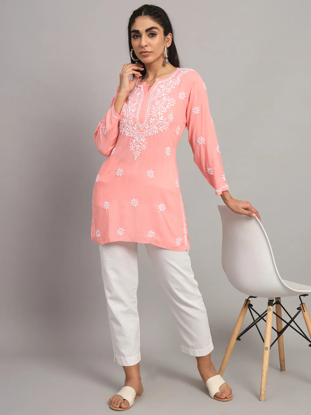 Women Hand Embroidered Chikankari Modal Kurti-AL3611 Peach