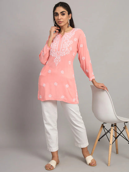 Women Hand Embroidered Chikankari Modal Kurti-AL3611 Peach