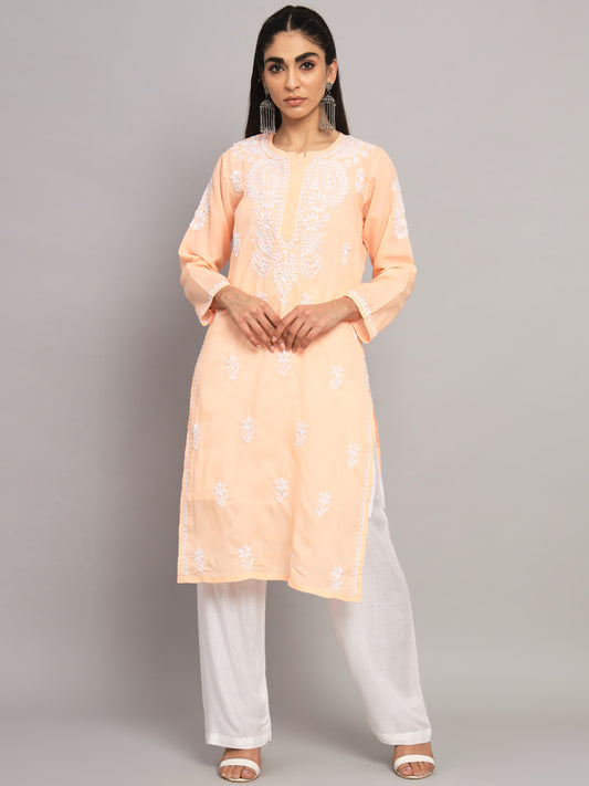 Hand Embroidered  Chikankari Cotton Straight Kurta- AL3561 Peach