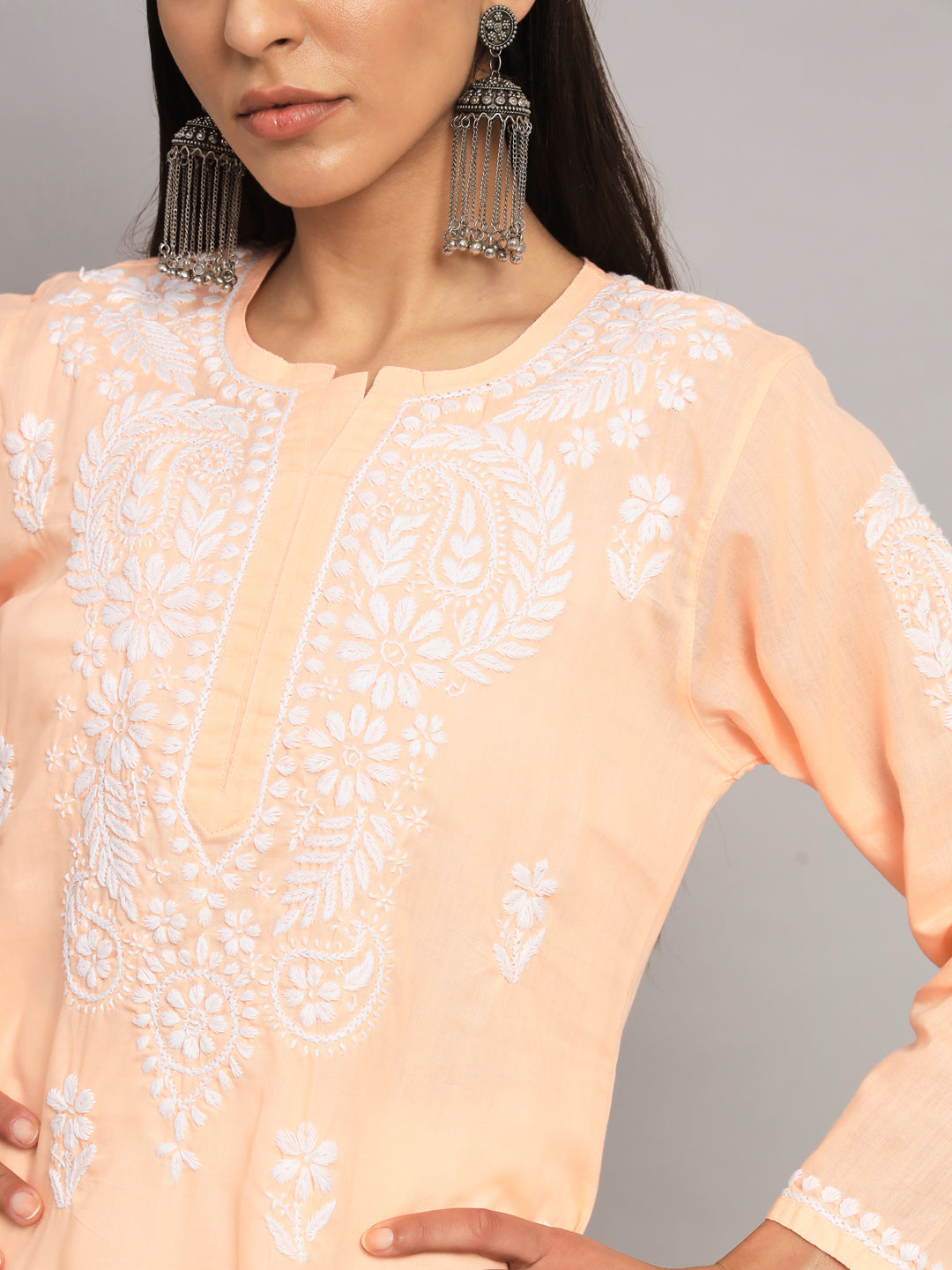 Hand Embroidered  Chikankari Cotton Straight Kurta- AL3561 Peach
