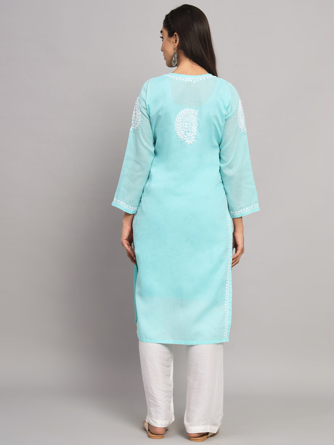 Hand Embroidered  Chikankari Cotton Straight Kurta- AL3561 Seagreen