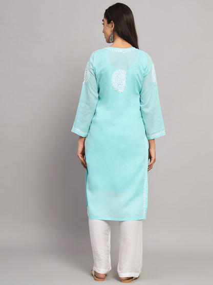 Hand Embroidered  Chikankari Cotton Straight Kurta- AL3561 Seagreen