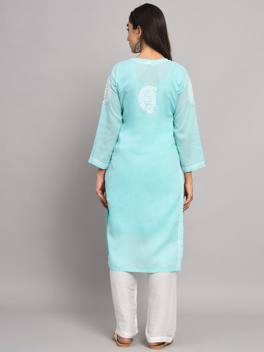 Hand Embroidered  Chikankari Cotton Straight Kurta- AL3561 Seagreen