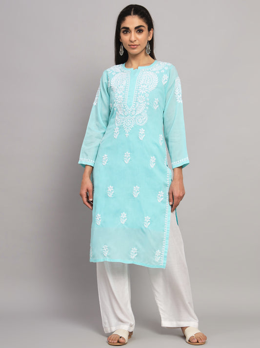 Hand Embroidered  Chikankari Cotton Straight Kurta- AL3561 Seagreen