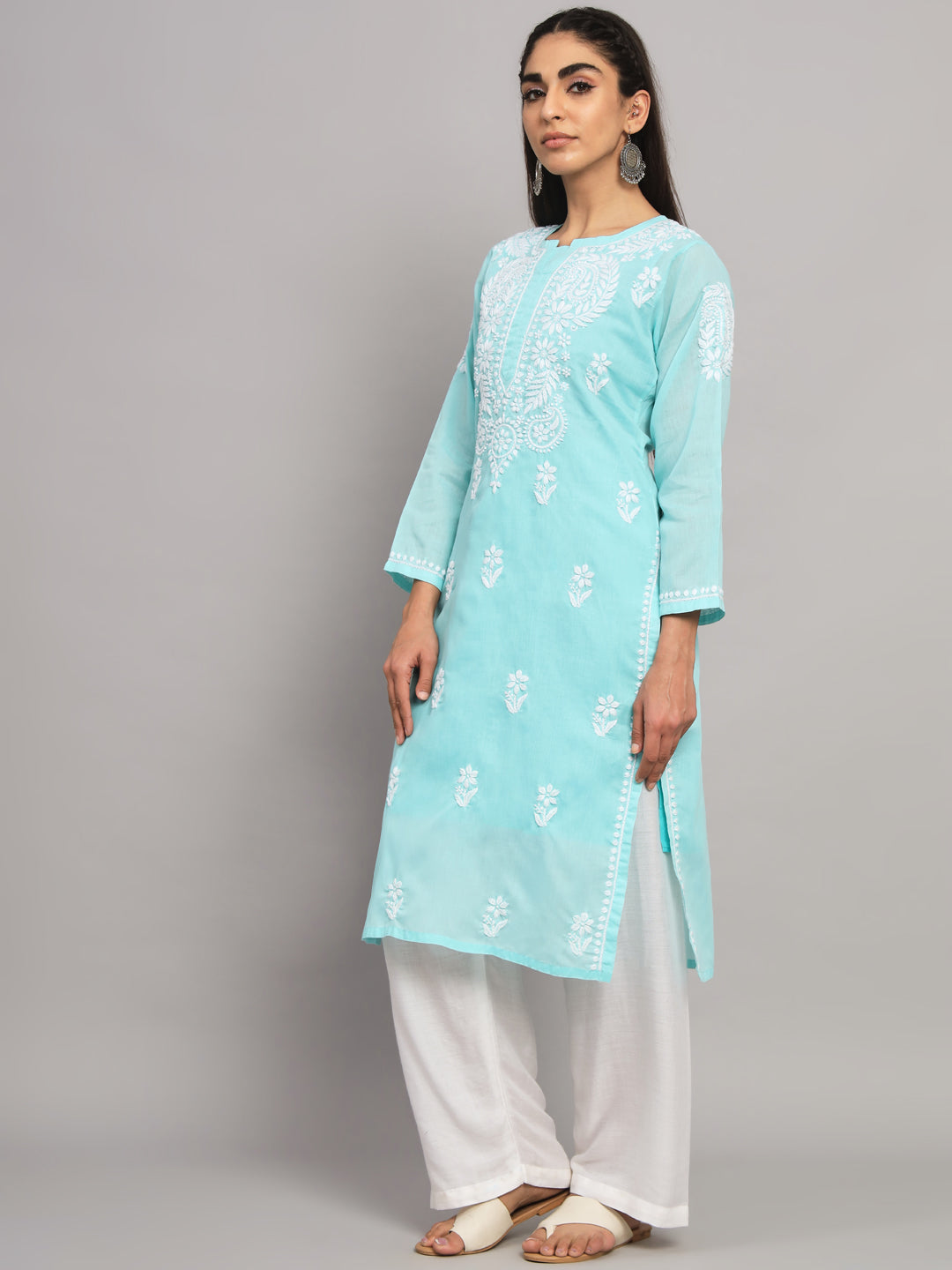 Hand Embroidered  Chikankari Cotton Straight Kurta- AL3561 Seagreen