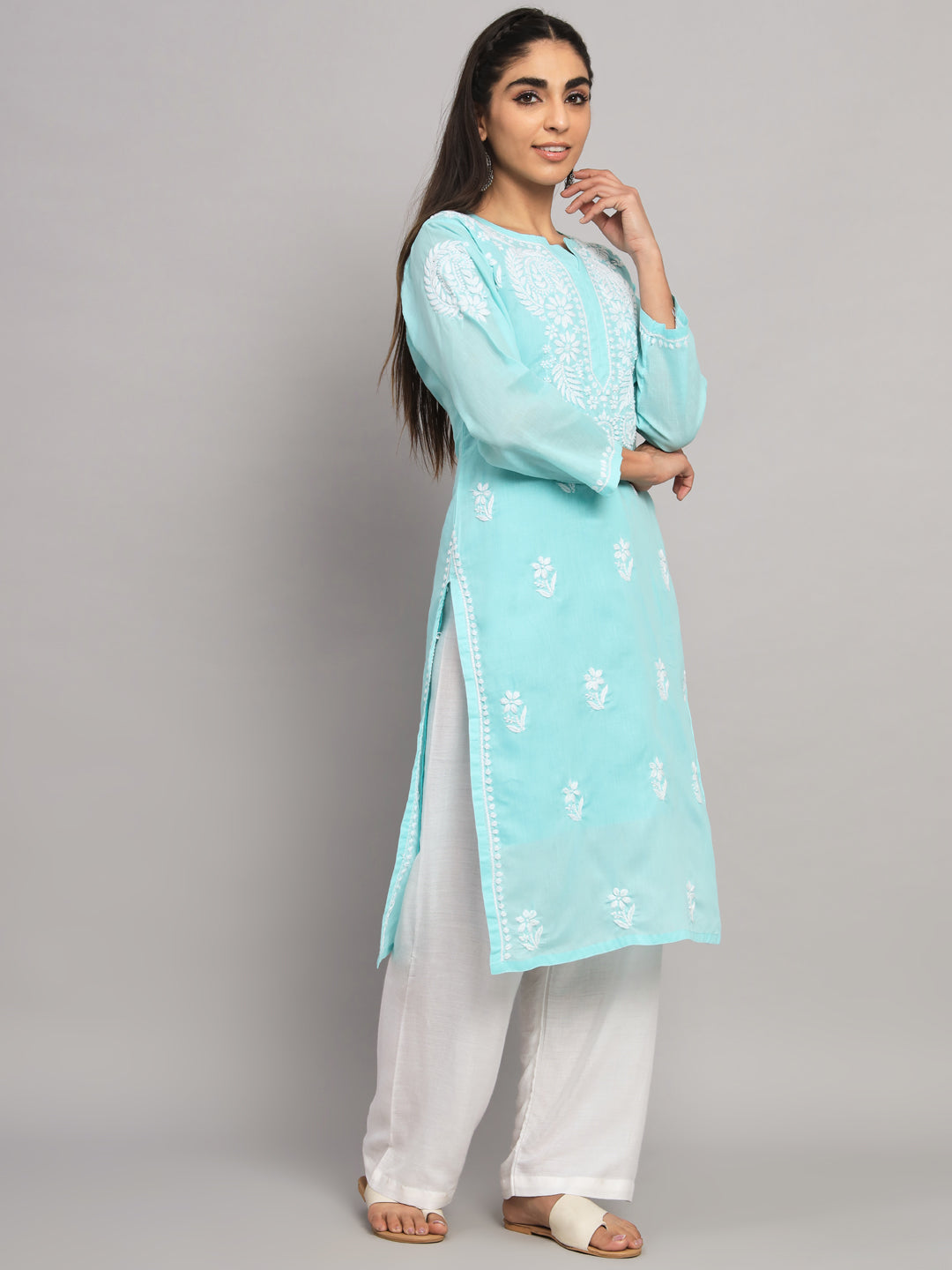 Hand Embroidered  Chikankari Cotton Straight Kurta- AL3561 Seagreen