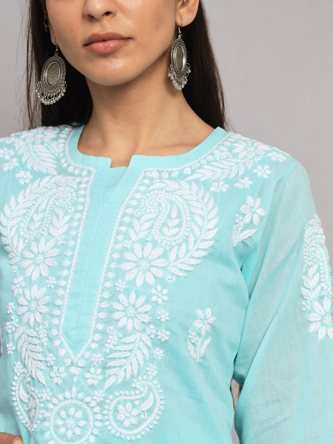 Hand Embroidered  Chikankari Cotton Straight Kurta- AL3561 Seagreen