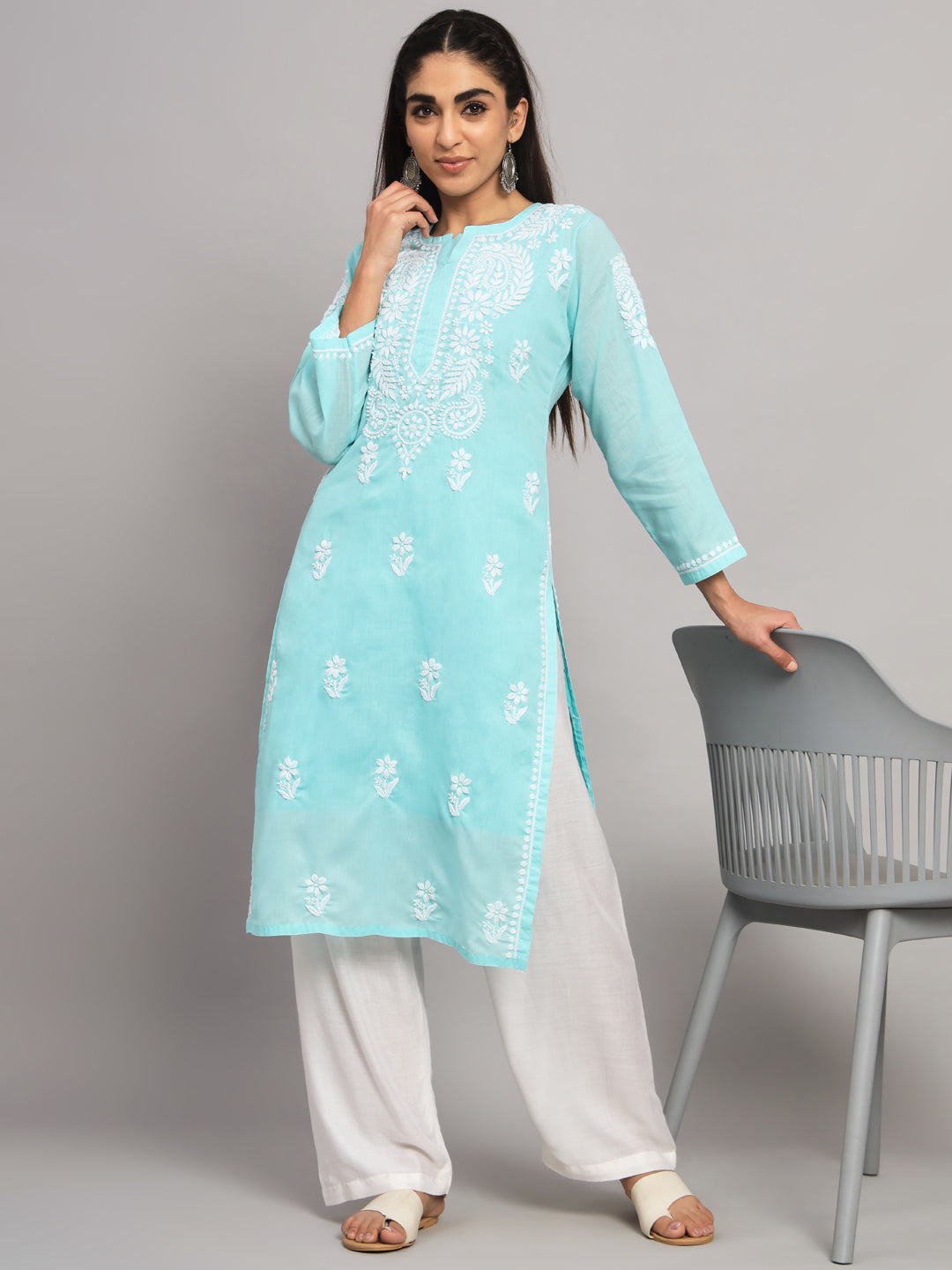 Hand Embroidered  Chikankari Cotton Straight Kurta- AL3561 Seagreen