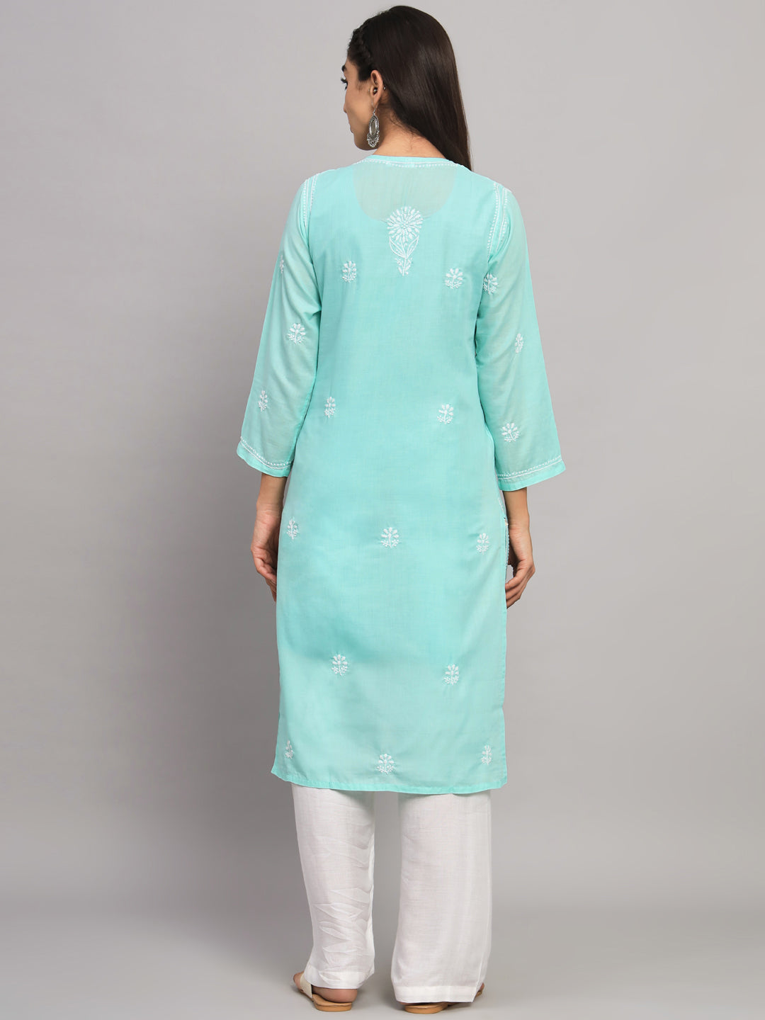 Hand Embroidered Chikankari Cotton Straight Kurta -ALNTV115 Seagreen