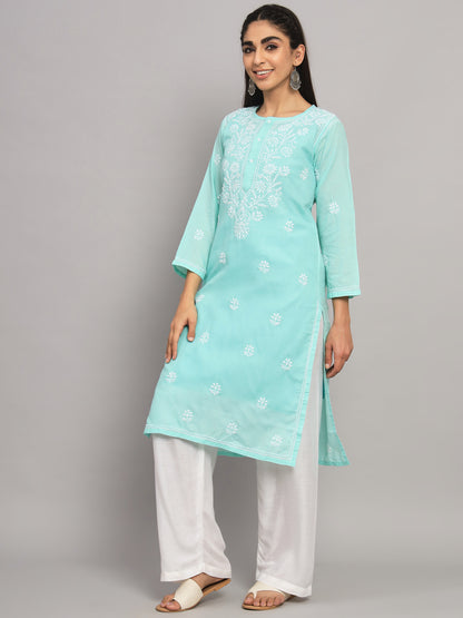 Hand Embroidered Chikankari Cotton Straight Kurti-ALNTV115