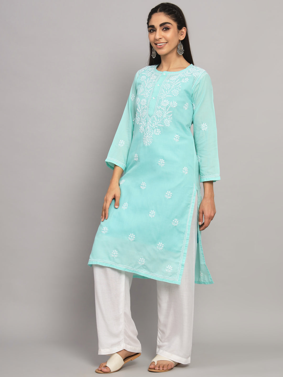 Hand Embroidered Chikankari Cotton Straight Kurta -ALNTV115 Lightgreen