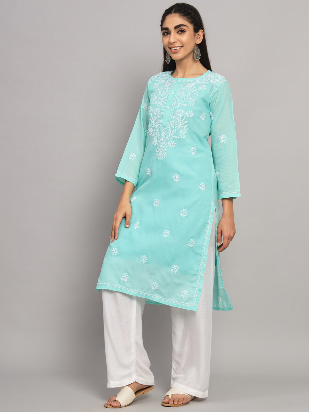 Hand Embroidered Chikankari Cotton Straight Kurta -ALNTV115 Seagreen