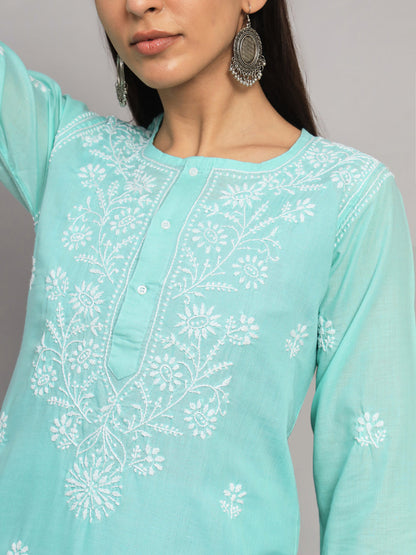 Hand Embroidered Chikankari Cotton Straight Kurta -ALNTV115 Seagreen