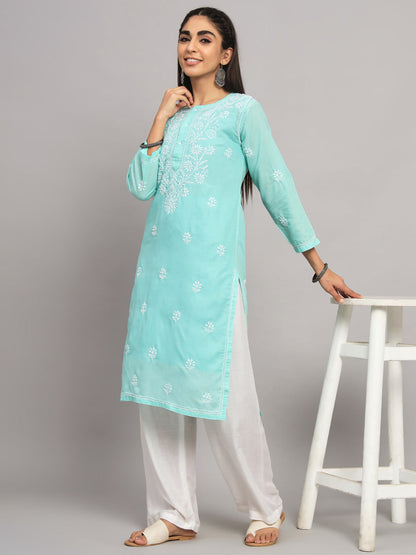 Hand Embroidered Chikankari Cotton Straight Kurta -ALNTV115 Seagreen