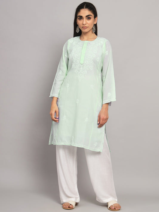 Hand Embroidered Chikankari Cotton Straight Kurta --ALNTV115 Pistagreen