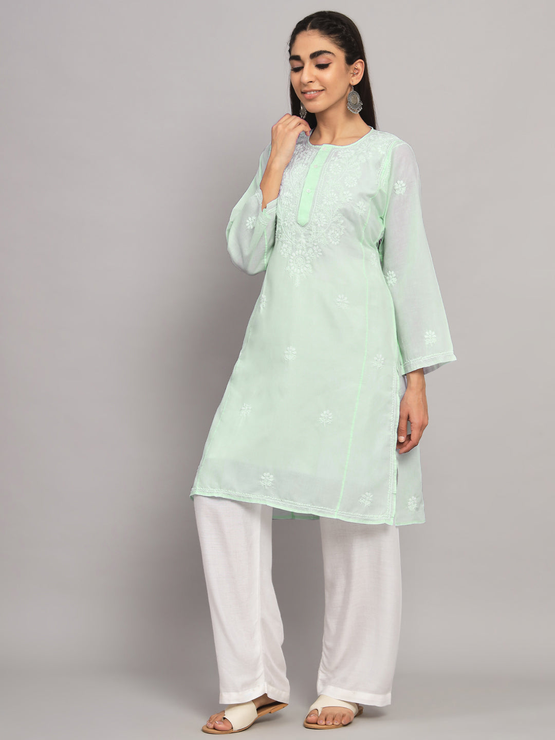 Hand Embroidered Chikankari Cotton Straight Kurta --ALNTV115 Pistagreen