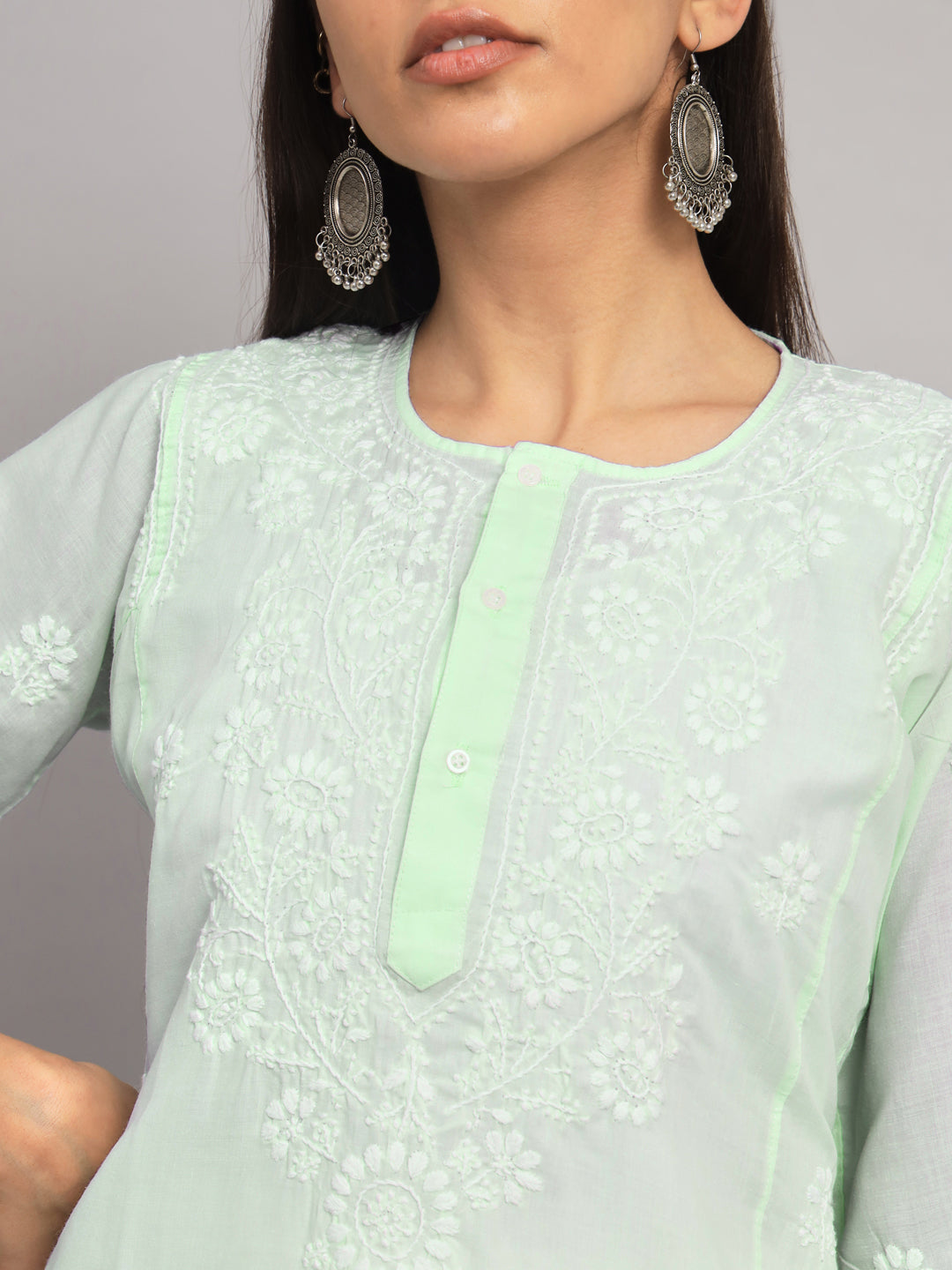 Hand Embroidered Chikankari Cotton Straight Kurta --ALNTV115 Pistagreen
