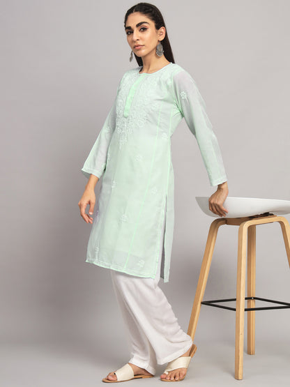 Hand Embroidered Chikankari Cotton Straight Kurta --ALNTV115 Pistagreen