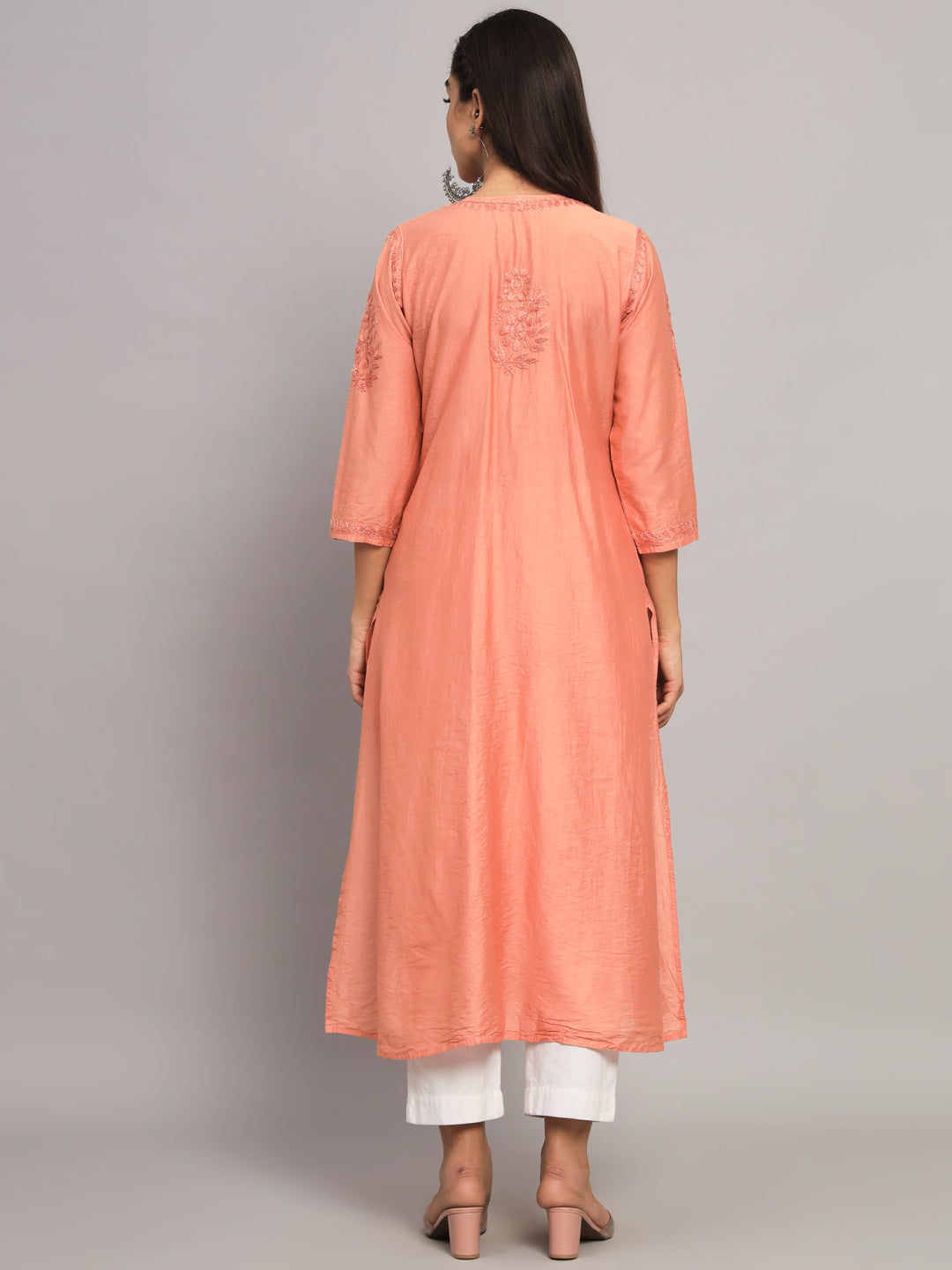 Hand embroidered floral pleated chikankari kurta AL3608 Rust