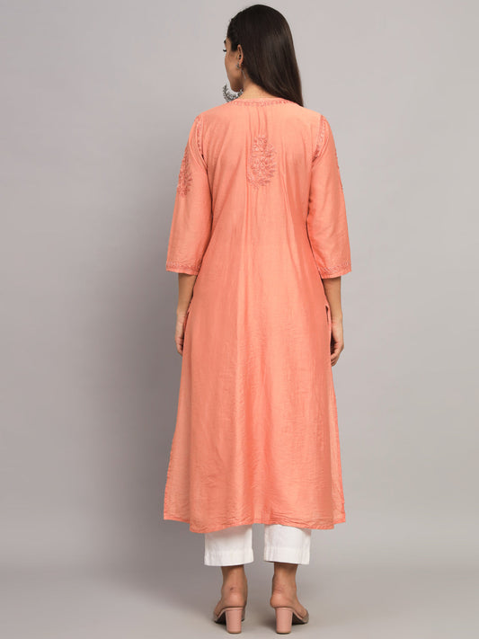 Hand embroidered floral pleated chikankari kurta AL3608 Rust