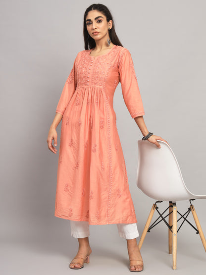 Hand embroidered floral pleated chikankari kurta AL3608