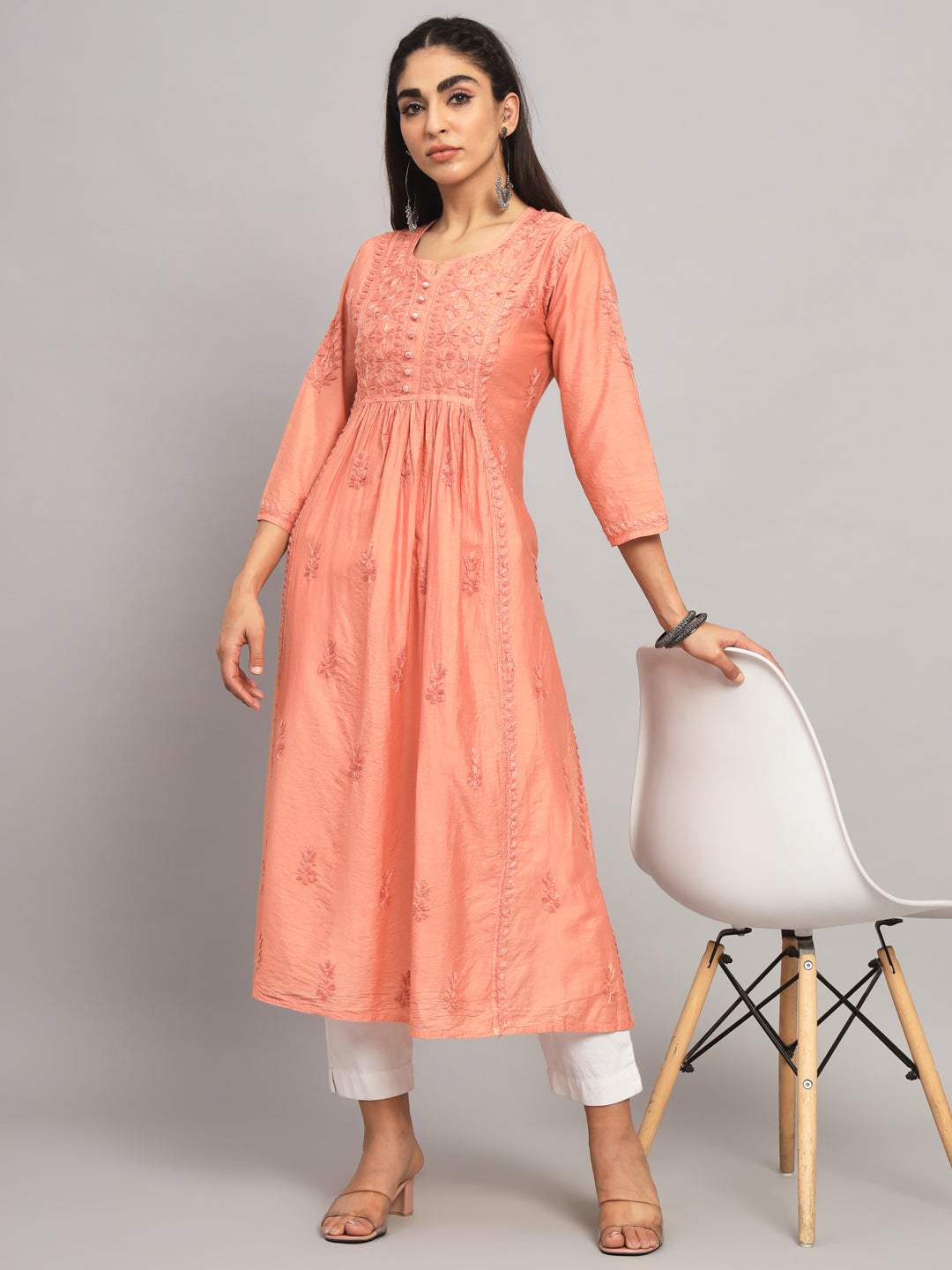 Hand embroidered floral pleated chikankari kurta AL3608 Rust