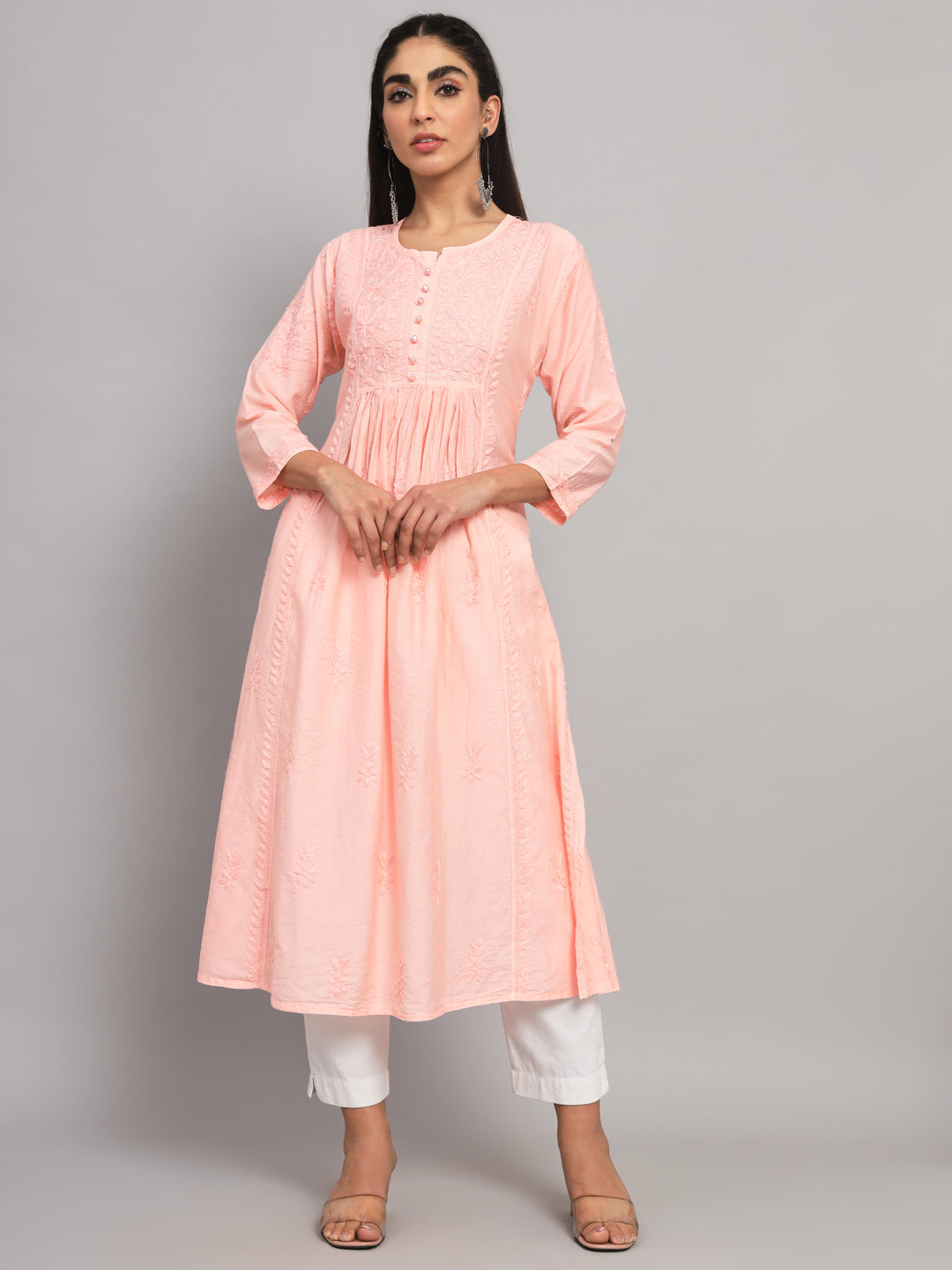 Hand embroidered floral pleated chikankari kurta AL3608 Peach