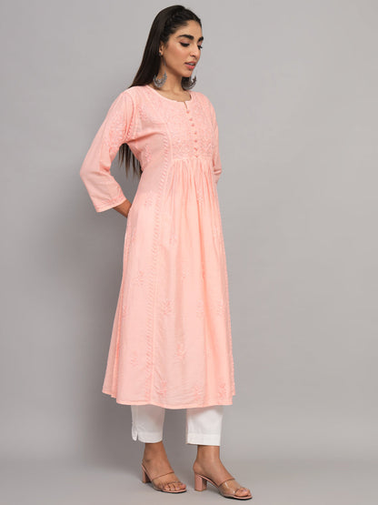 Hand embroidered floral pleated chikankari kurta AL3608 Peach
