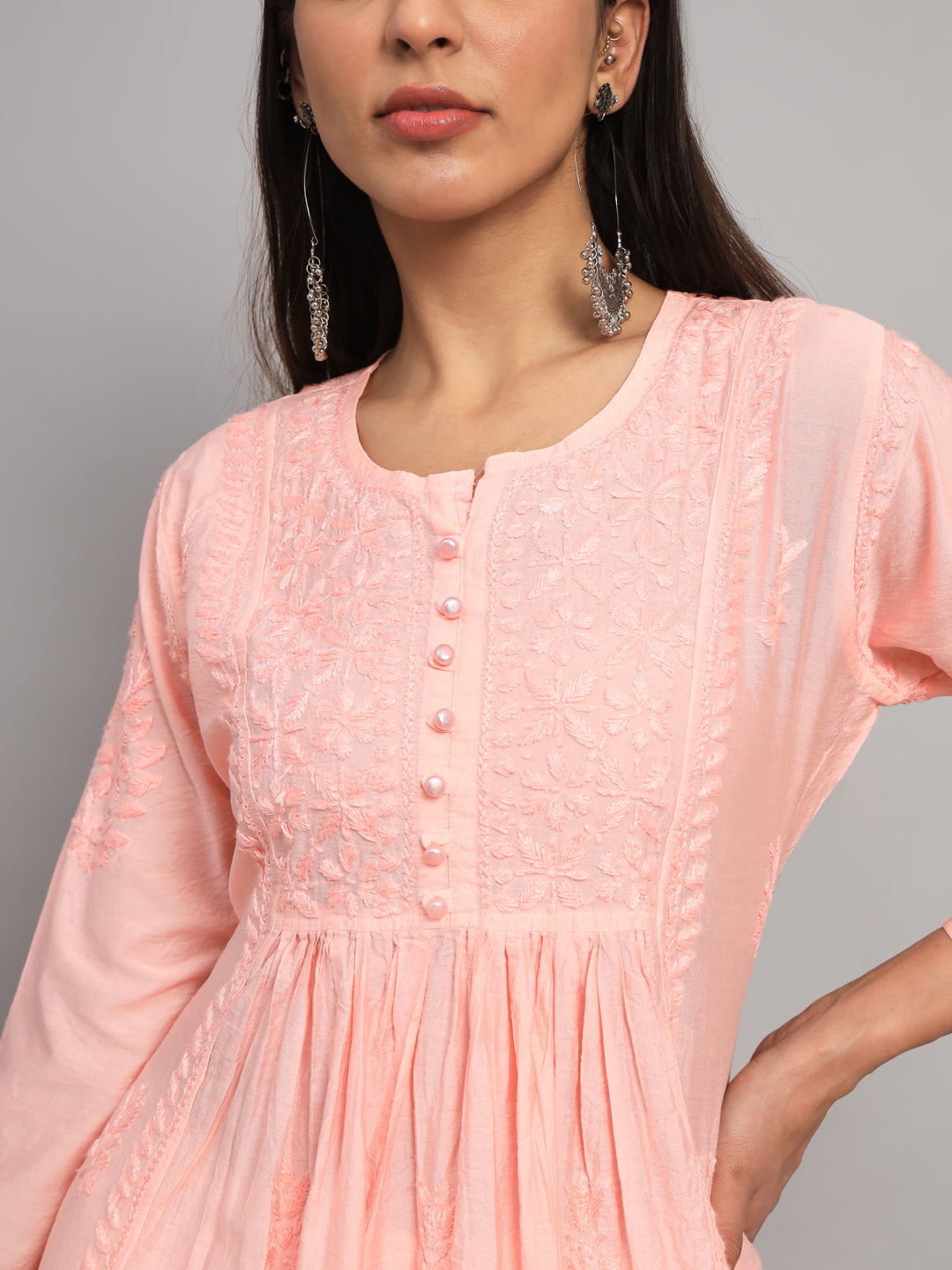 Hand embroidered floral pleated chikankari kurta AL3608 Peach