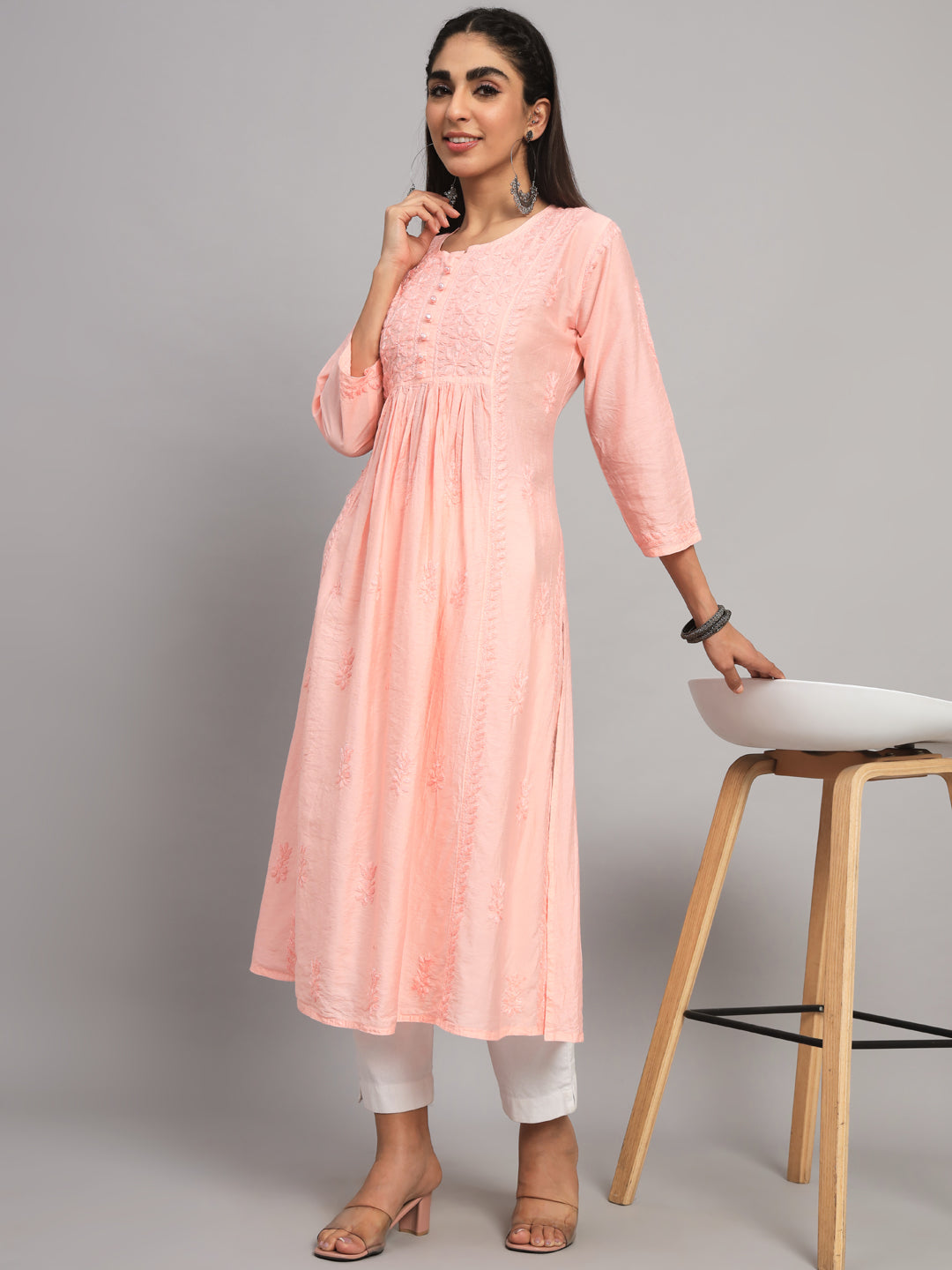 Hand embroidered floral pleated chikankari kurta AL3608 Peach