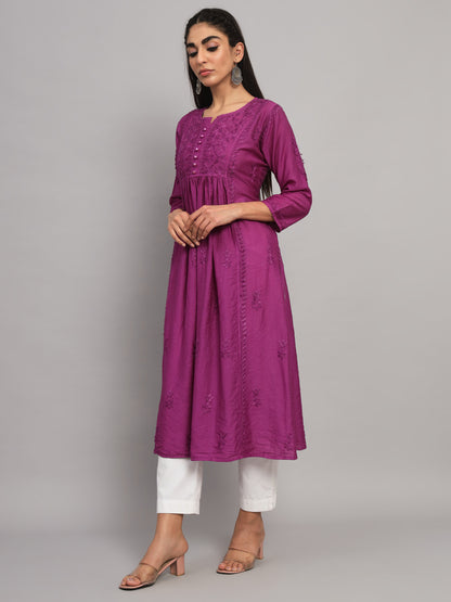 Hand embroidered floral pleated chikankari kurta AL3608
