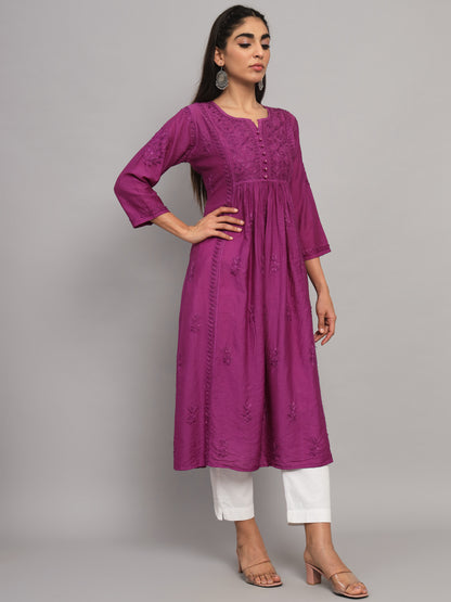 Hand embroidered floral pleated chikankari kurta AL3608