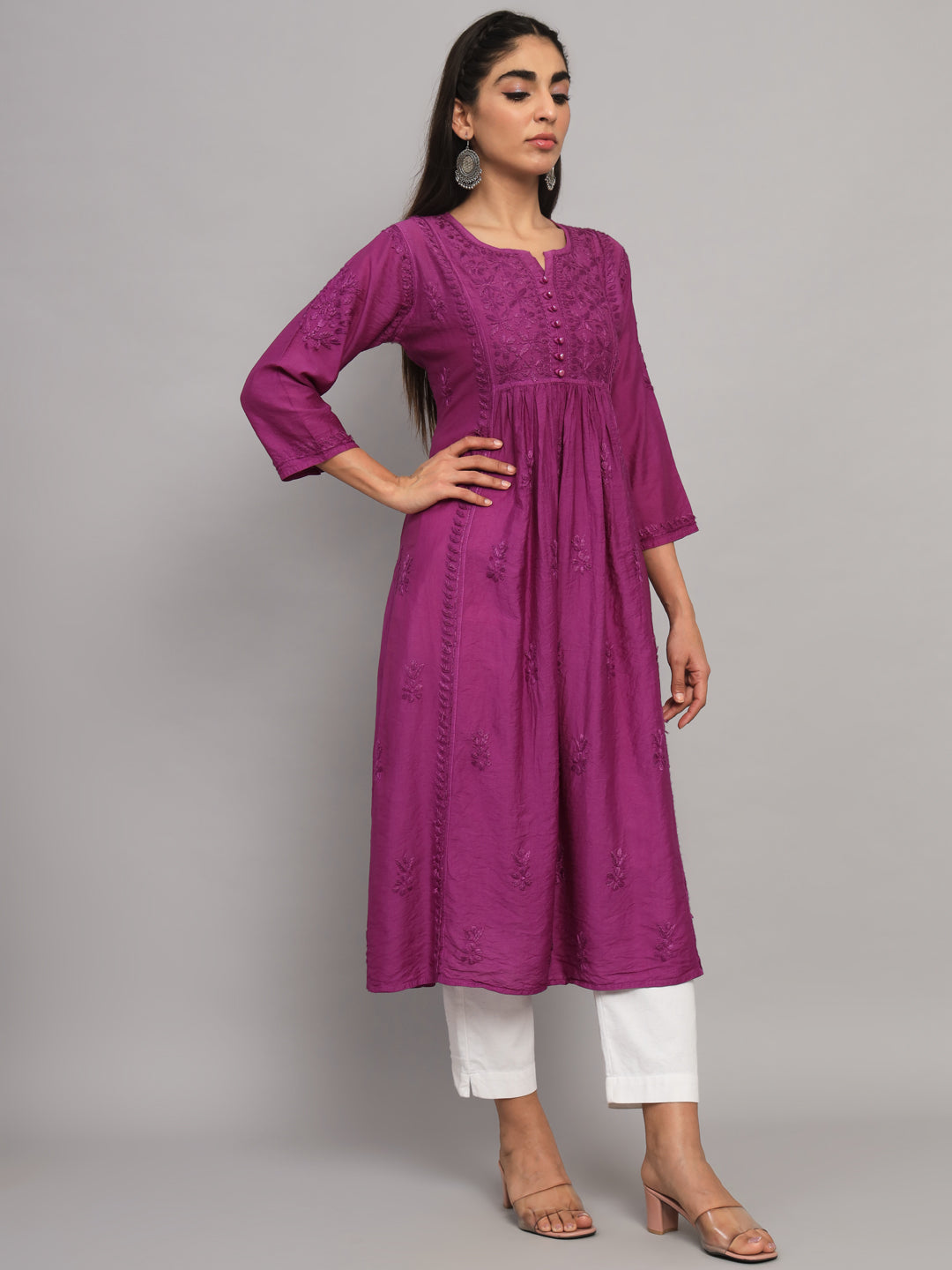 Hand embroidered floral pleated chikankari kurta AL3608 Violet
