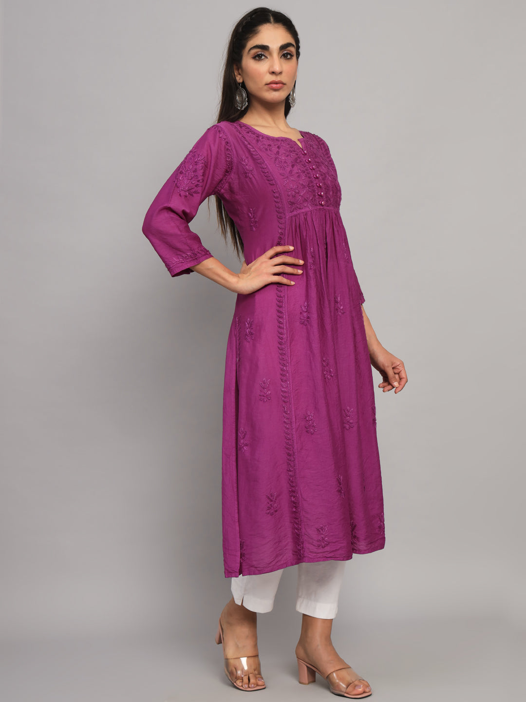 Hand embroidered floral pleated chikankari kurta AL3608 Violet