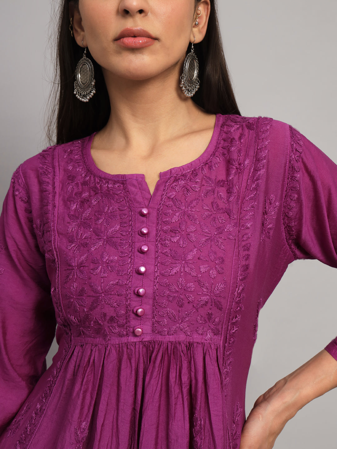 Hand embroidered floral pleated chikankari kurta AL3608 Violet