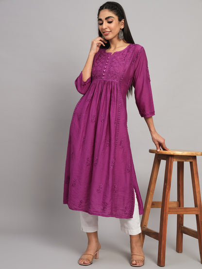 Hand embroidered floral pleated chikankari kurta AL3608