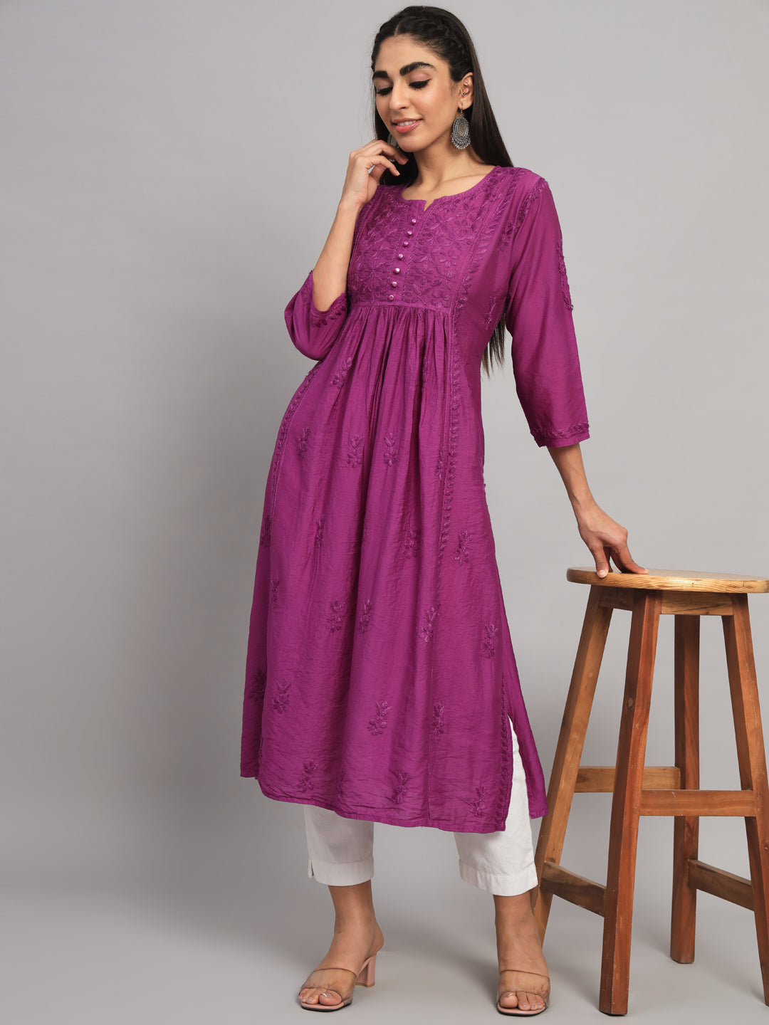 Hand embroidered floral pleated chikankari kurta AL3608 Violet