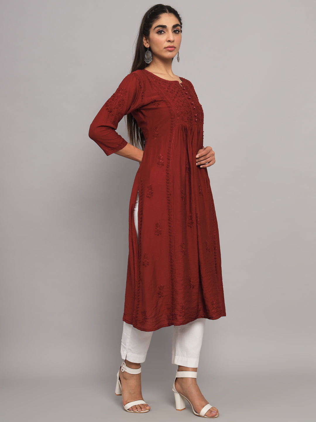 Hand embroidered floral pleated chikankari kurta AL3608 Brown