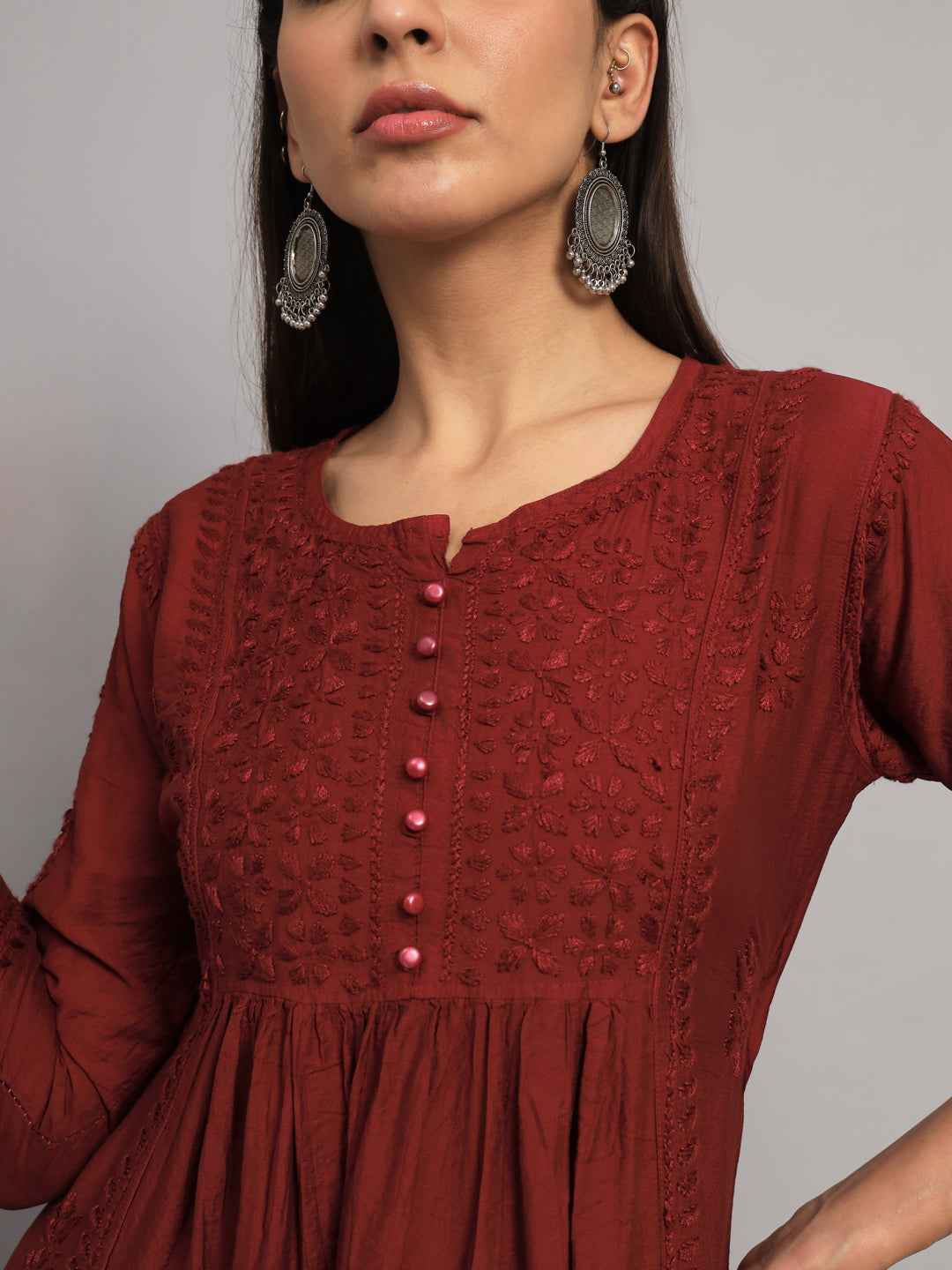 Hand embroidered floral pleated chikankari kurta AL3608 Brown
