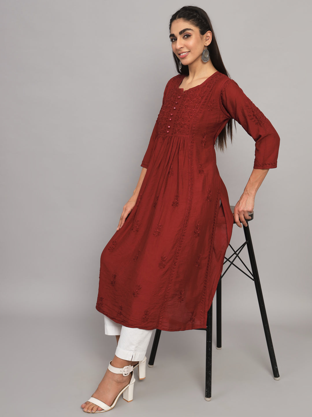 Hand embroidered floral pleated chikankari kurta AL3608 Brown