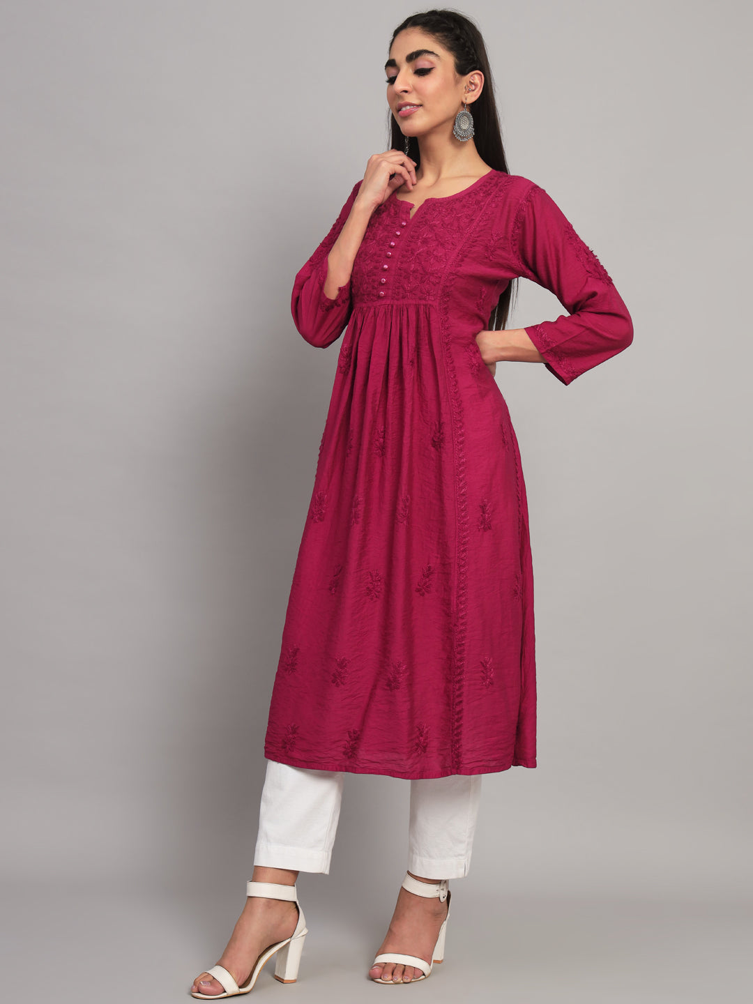 Hand embroidered floral pleated chikankari kurta AL3608 Burgundy