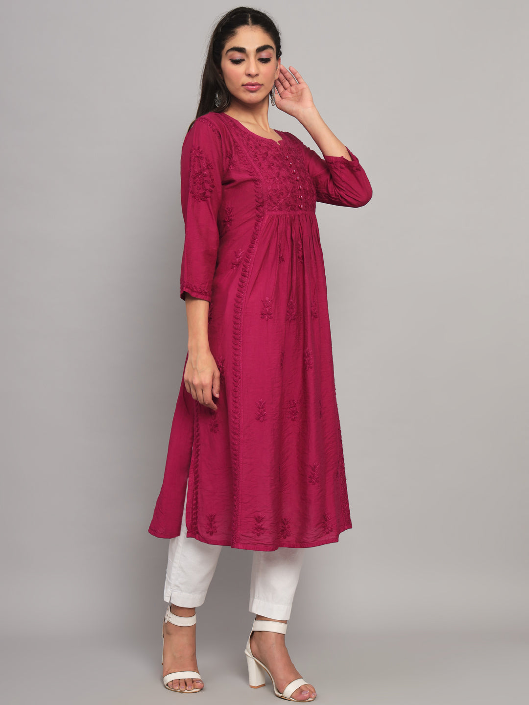 Hand embroidered floral pleated chikankari kurta AL3608 Burgundy